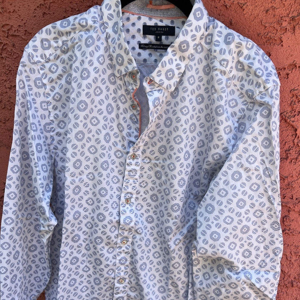 Ted Baker Mens White with Blue Button Down Shirt 6/XL